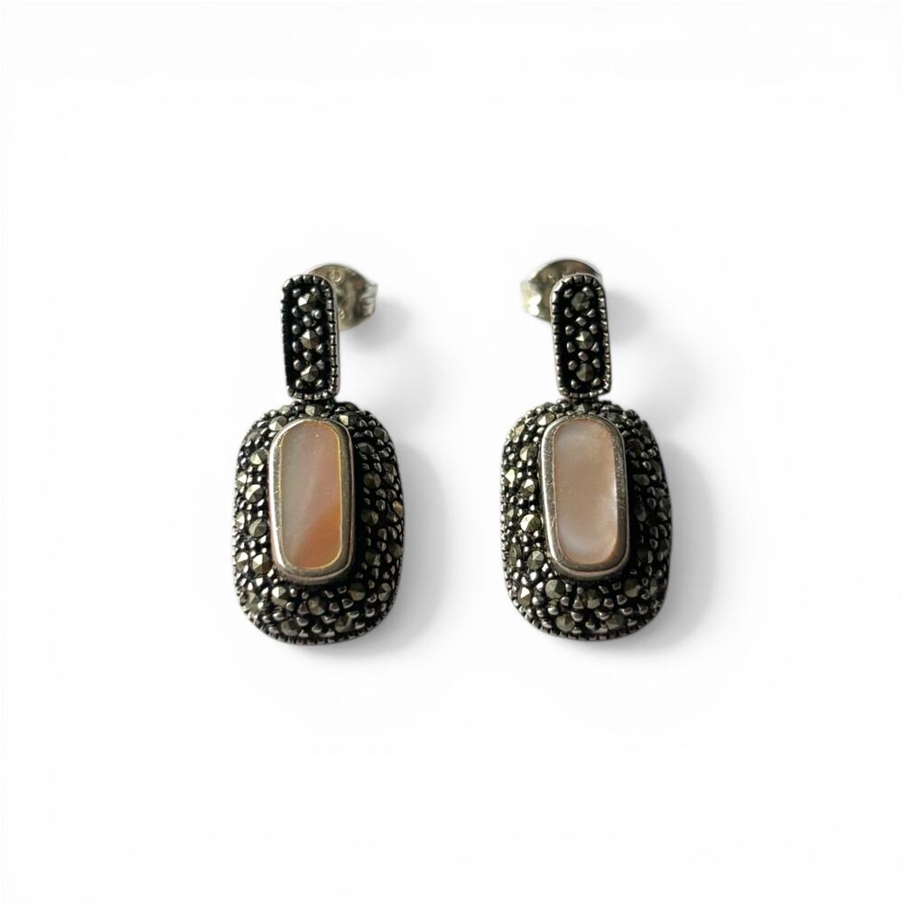 SU 925 Sterling Silver Mother of Pearl & Marcasite Drop Earrings - Thailand